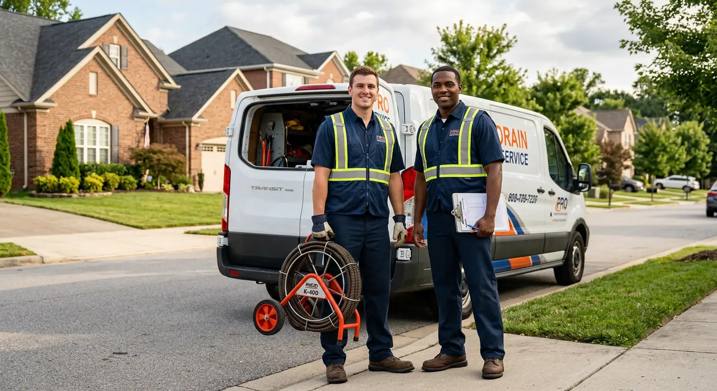Sewer and drain service team with equipment ready for work in Milford