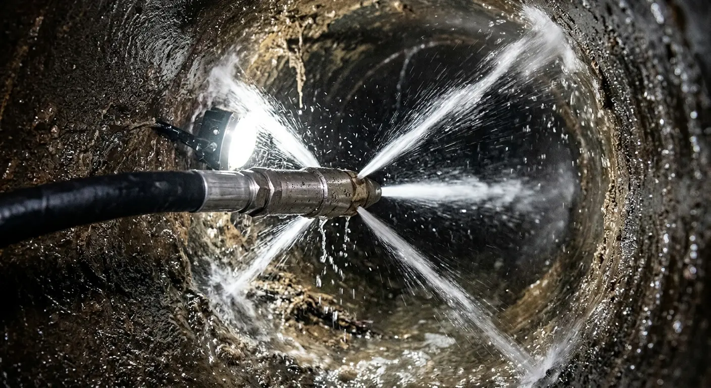 High-pressure hydro jetting nozzle cleaning sewer pipe for Sewer Cleanout in Milford