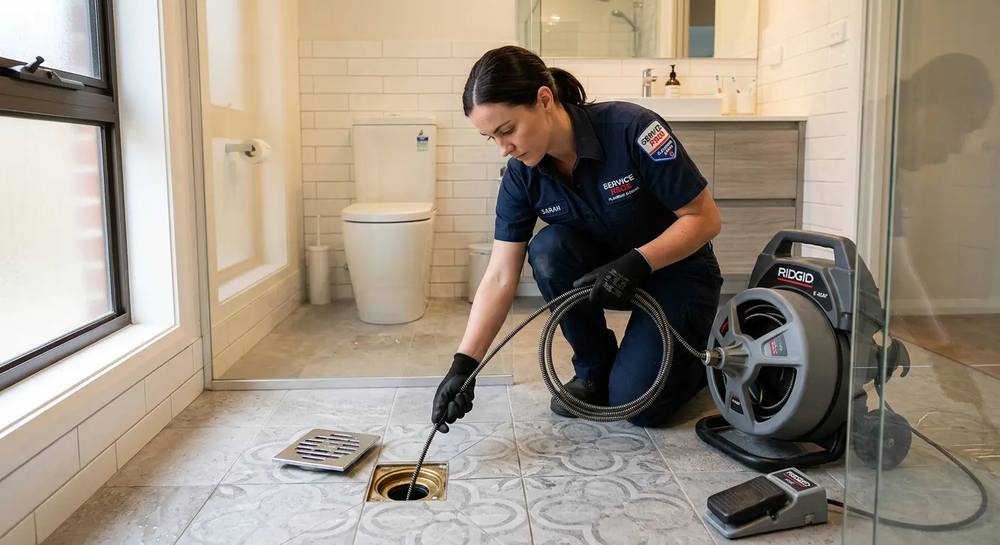Technician clearing a bathroom floor drain for Sewer Line Replacement in Milford